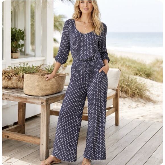 Garnet Hill Pants - NWT Sz XL Garnet Hill LS Elas Nck Blue Prnt Waistbnd Tie Pkts Wide Leg Jump Suit